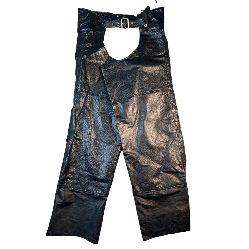 Diamond Plate Black Buffalo Leather Motorcycle Chaps  Size 2X  Unisex Adjustable